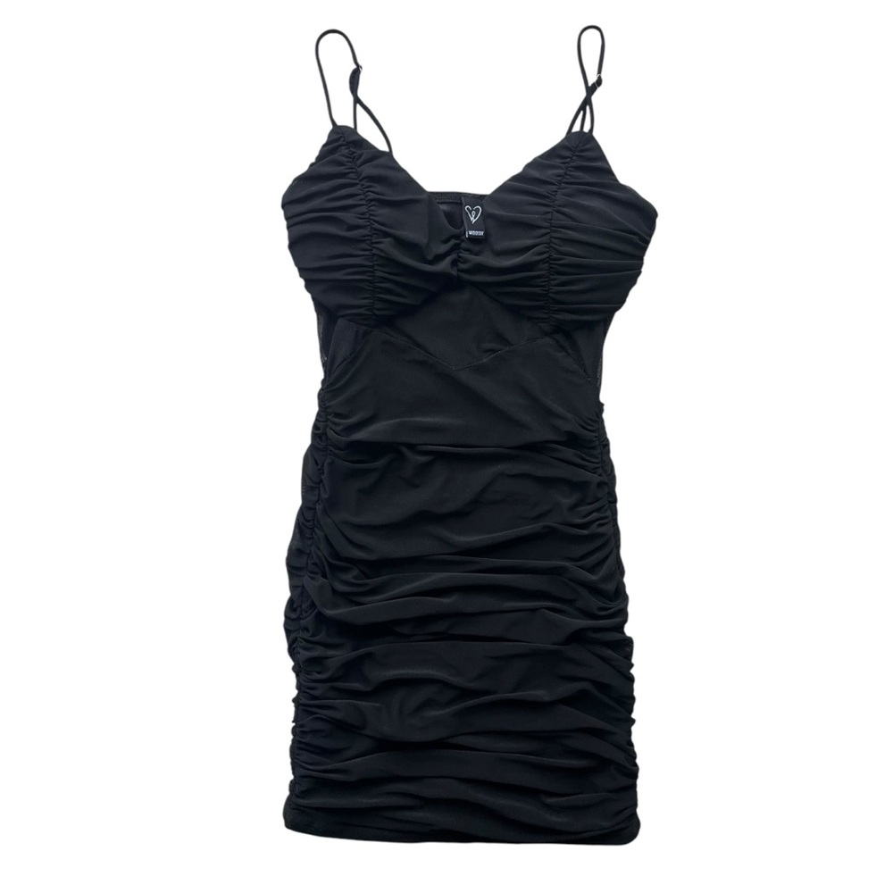 Windsor Womens M Black Call Back Mesh Cutout Ruche Short Mini Bodycon Dress Club
